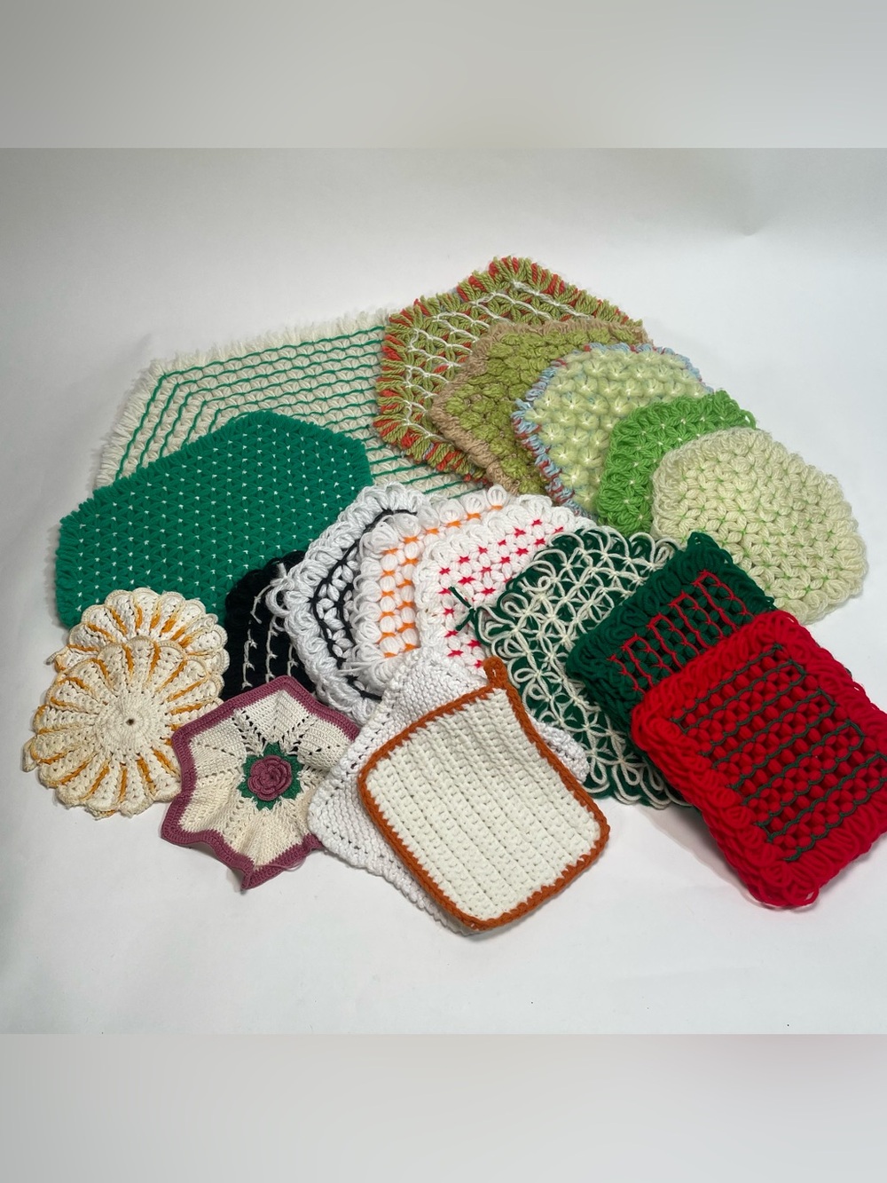 Vintage Crochet Potholders Lot of 18 Handmade Retro Hot Pads Trivets Potholders